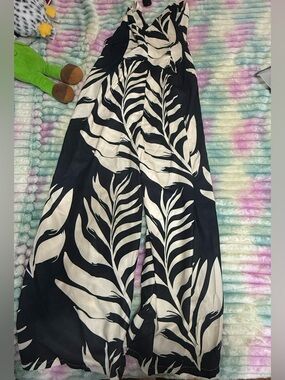 Black & Cream Wide-Leg Palm Print Jumpsuit